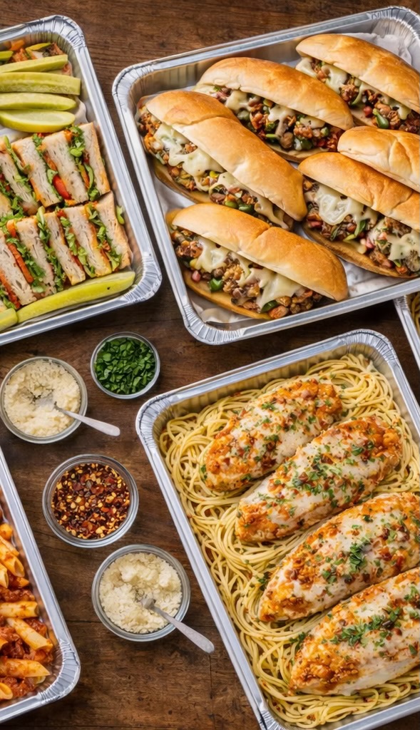 Foil catering trays on a wooden table, seen from above: club sandwich quarters with pickles, cheesesteak hoagies, chicken parm over spaghetti and baked penne, with grated cheese and pepper flakes in bowls alongside