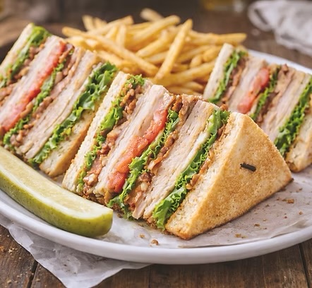 A club sandwich cut into quarters on a white plate, stacked with turkey, bacon, lettuce and tomato, with fries and a pickle spear alongside