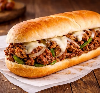 A cheesesteak-style hoagie on a long roll, piled with chopped steak, green peppers, onions and melted cheese, on paper on a wooden table