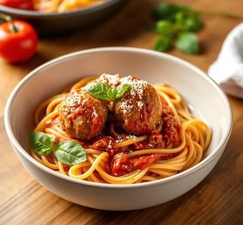 A white bowl of spaghetti in red gravy topped with two meatballs, grated cheese and fresh basil