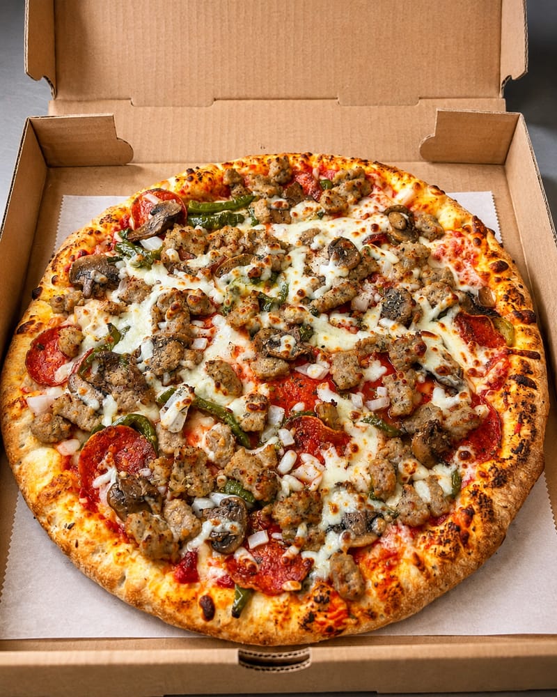 A loaded 16-inch pizza in an open box: sausage, pepperoni, green peppers, mushrooms and onions over melted mozzarella